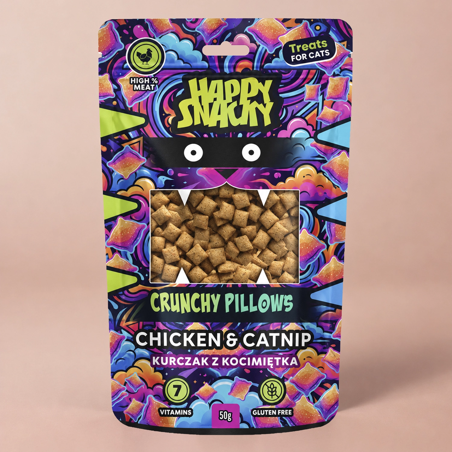 Happy Snacky Crunchy Pillows Kurczak z kocimiętką chrupiące przysmaki dla kota 50g