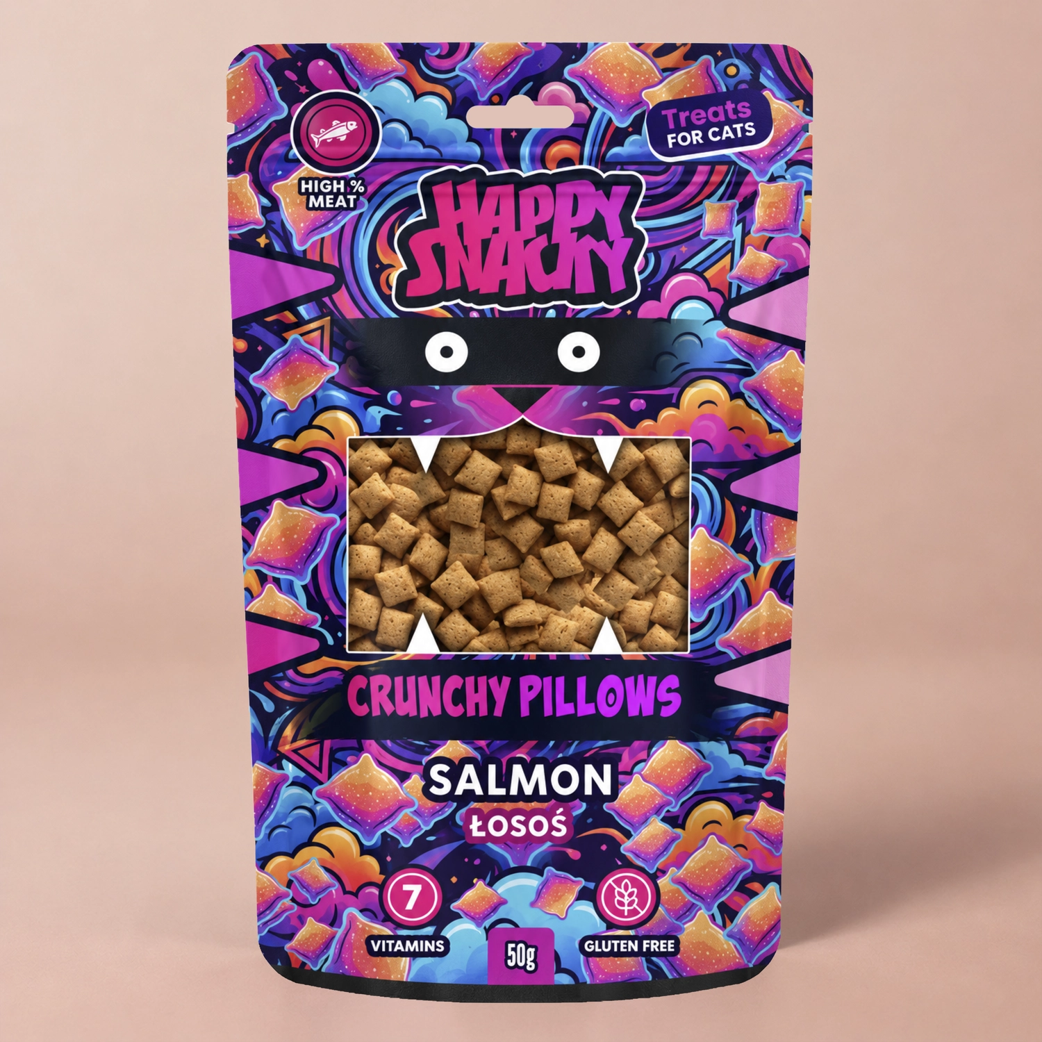 Happy Snacky Crunchy Pillows Łosoś chrupiące przysmaki dla kota 50g