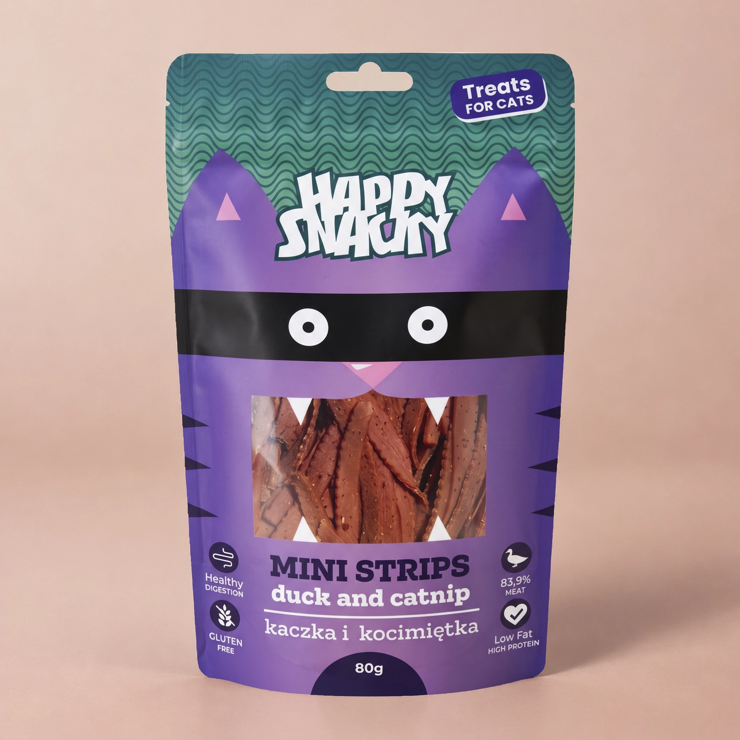 Happy Snacky Mini Paski z Kaczki z Kocimiętką – Naturalny przysmak dla kota 80g Happy Snacky Mini paski z kaczki z kocimiętką naturalny przysmak dla kota 80g