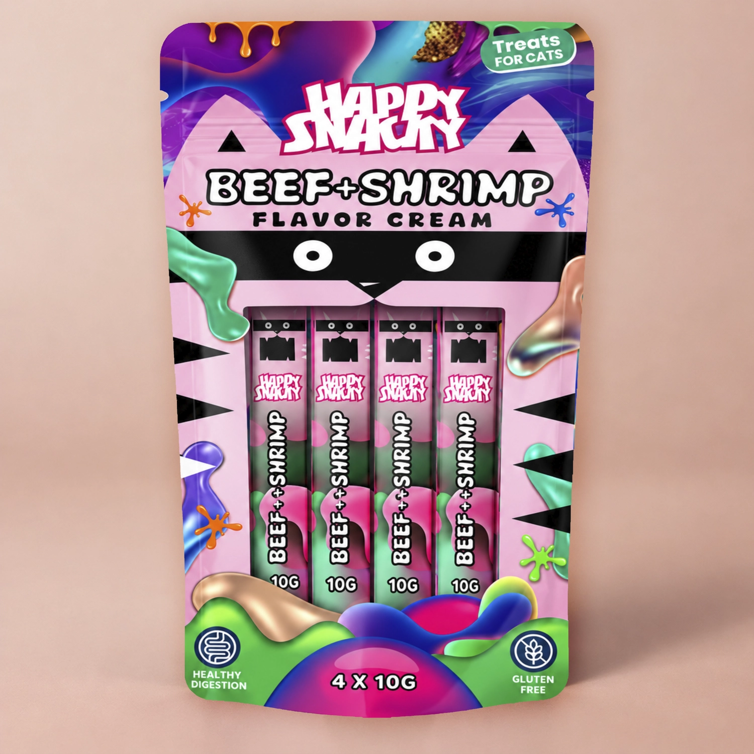 Happy Snacky Przysmak w Kremie Wołowina i Krewetka 4x10g Happy Snacky przysmak w kremie wołowina i krewetka dla kota 4x10g