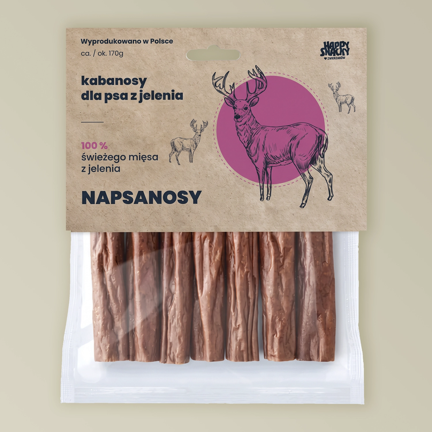 Napsanosy z Jelenia HappySnacky – 100% mięsne kabanosy dla psa 7 szt. Napsanosy z jelenia HappySnacky kabanosy mięsne dla psa 7szt