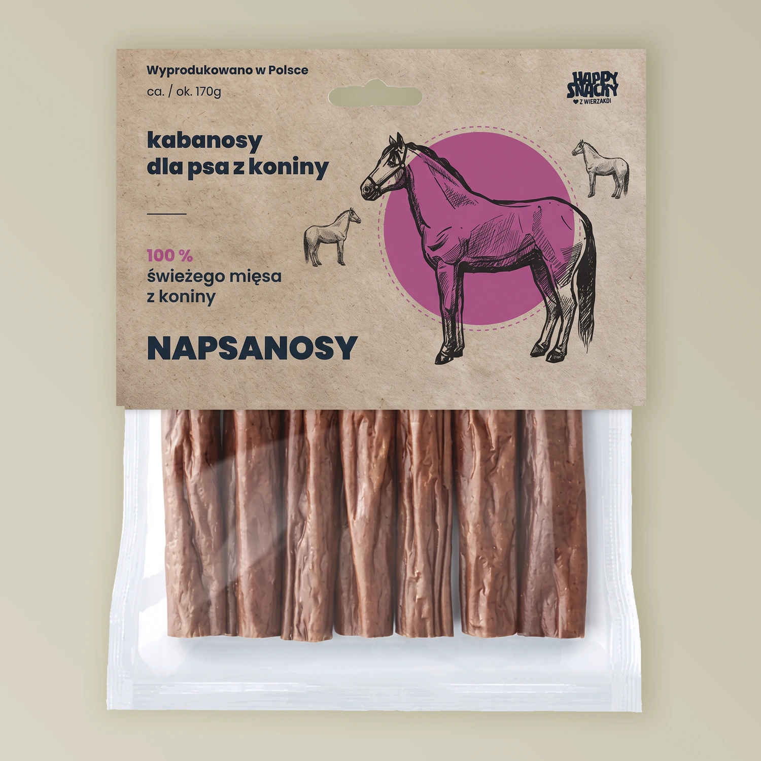 Napsanosy z Koniny HappySnacky – 100% mięsne kabanosy dla psa 7 szt. Napsanosy z koniny HappySnacky kabanosy mięsne dla psa 7szt
