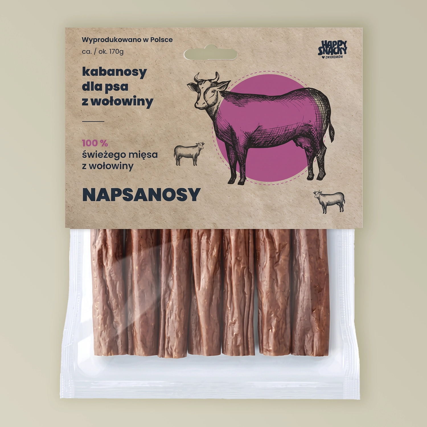 Napsanosy z Wołowiny HappySnacky – 100% mięsne kabanosy dla psa 7 szt. Napsanosy z wołowiny HappySnacky kabanosy mięsne dla psa 7szt