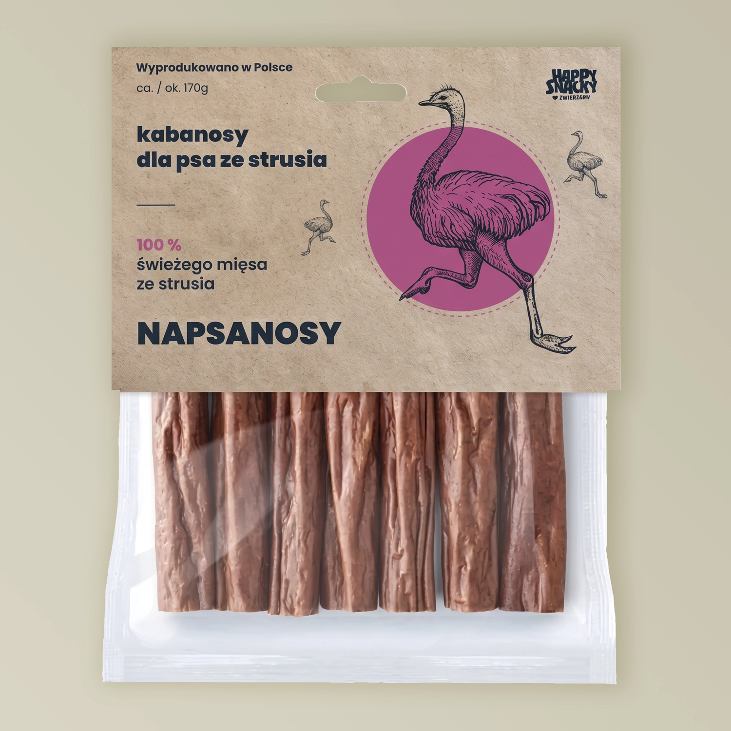 Napsanosy ze Strusia HappySnacky – 100% mięsne kabanosy dla psa 7 szt. Napsanosy ze strusia HappySnacky kabanosy mięsne dla psa 7szt