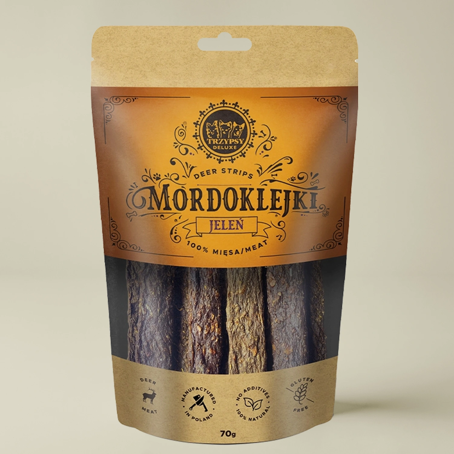 Trzypsy Deluxe Mordoklejki z jelenia dziczyzna 100% mięsa naturalny gryzak dla psa 70g