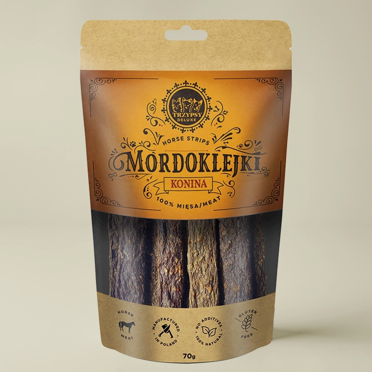Trzypsy Deluxe Mordoklejki z koniny 100% mięsa naturalny gryzak dla psa 70g
