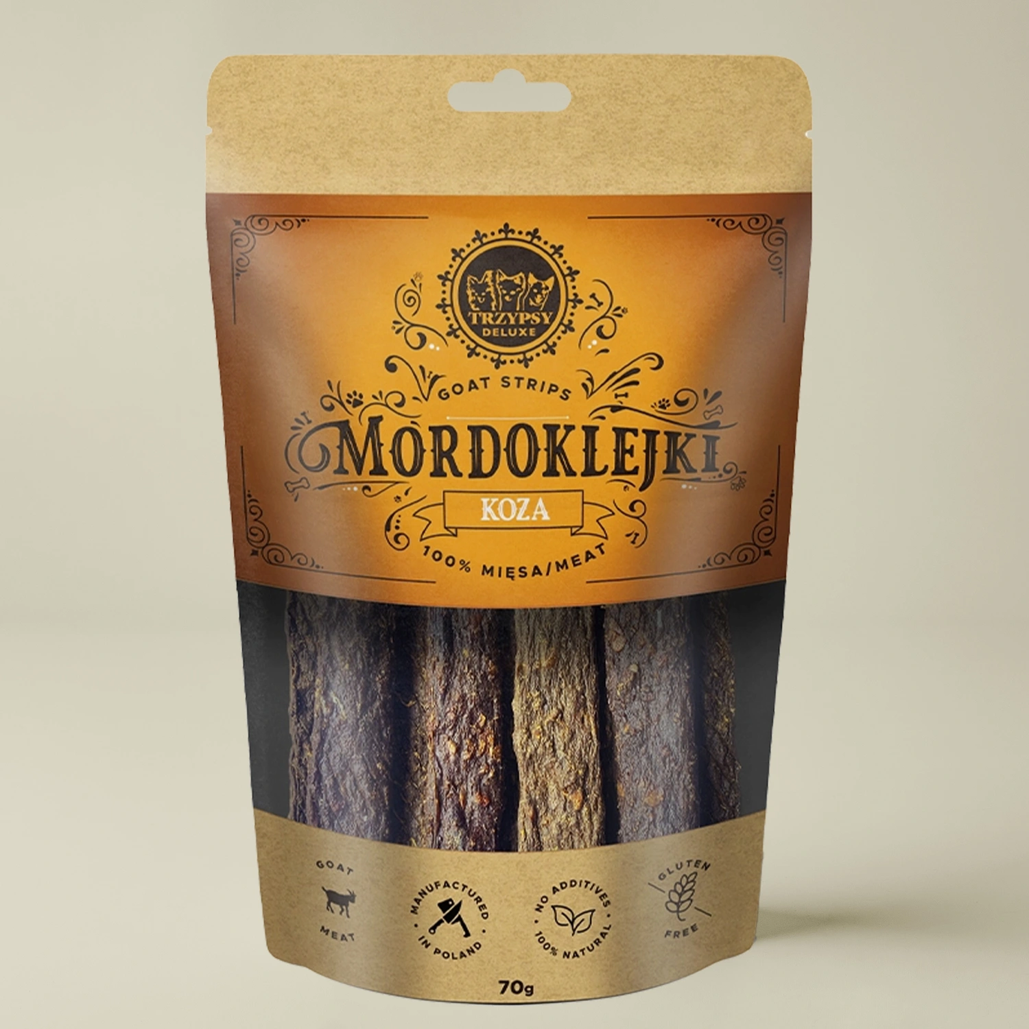 Trzypsy Deluxe Mordoklejki z kozy 100% mięsa naturalny gryzak dla psa 70g