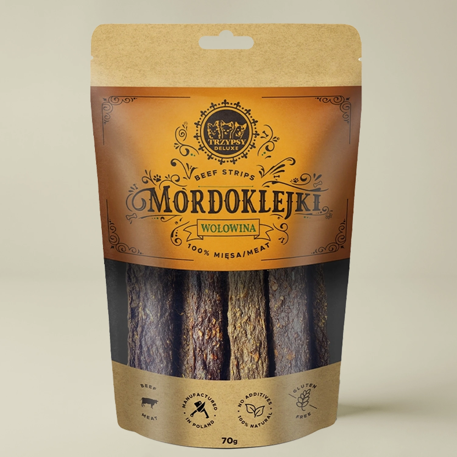 Trzypsy Deluxe Mordoklejki z Wołowiny – Naturalny gryzak dla psa 70g Trzypsy Deluxe Mordoklejki z wołowiny 100% mięsa naturalny gryzak dla psa 70g