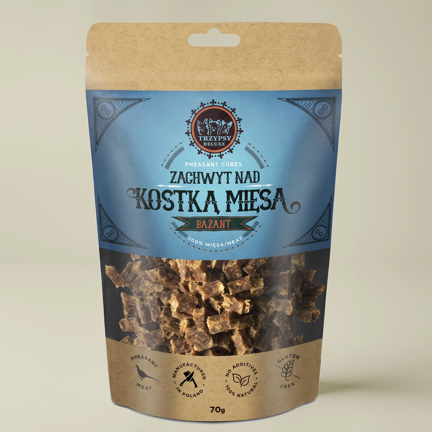 Trzypsy Deluxe zachwyt nad kostką mięsa z bażanta 100% mięsa dziczyzna naturalne przysmaki treningowe dla psa 70g