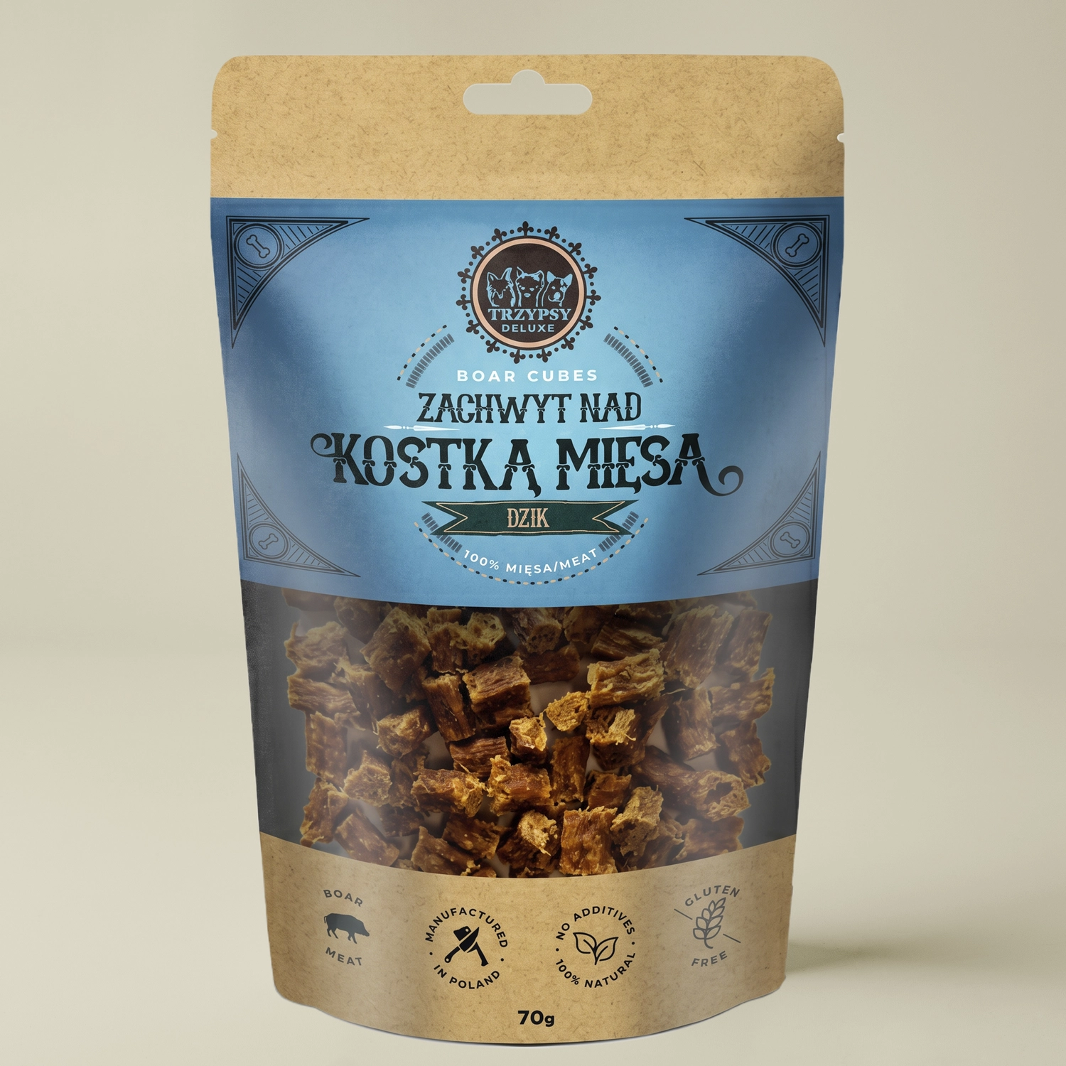 Trzypsy Deluxe zachwyt nad kostką mięsa z dzika 100% mięsa dziczyzna naturalne przysmaki treningowe dla psa 70g