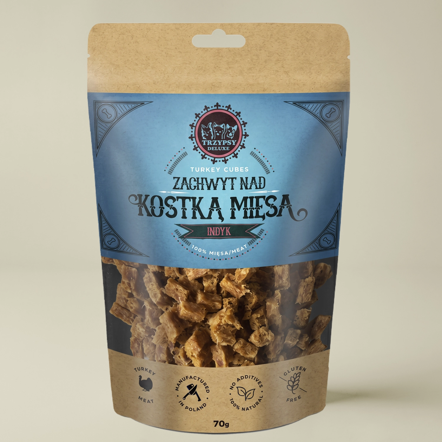 Trzypsy Deluxe zachwyt nad kostką mięsa z indyka 100% mięsa naturalne przysmaki treningowe dla psa 70g
