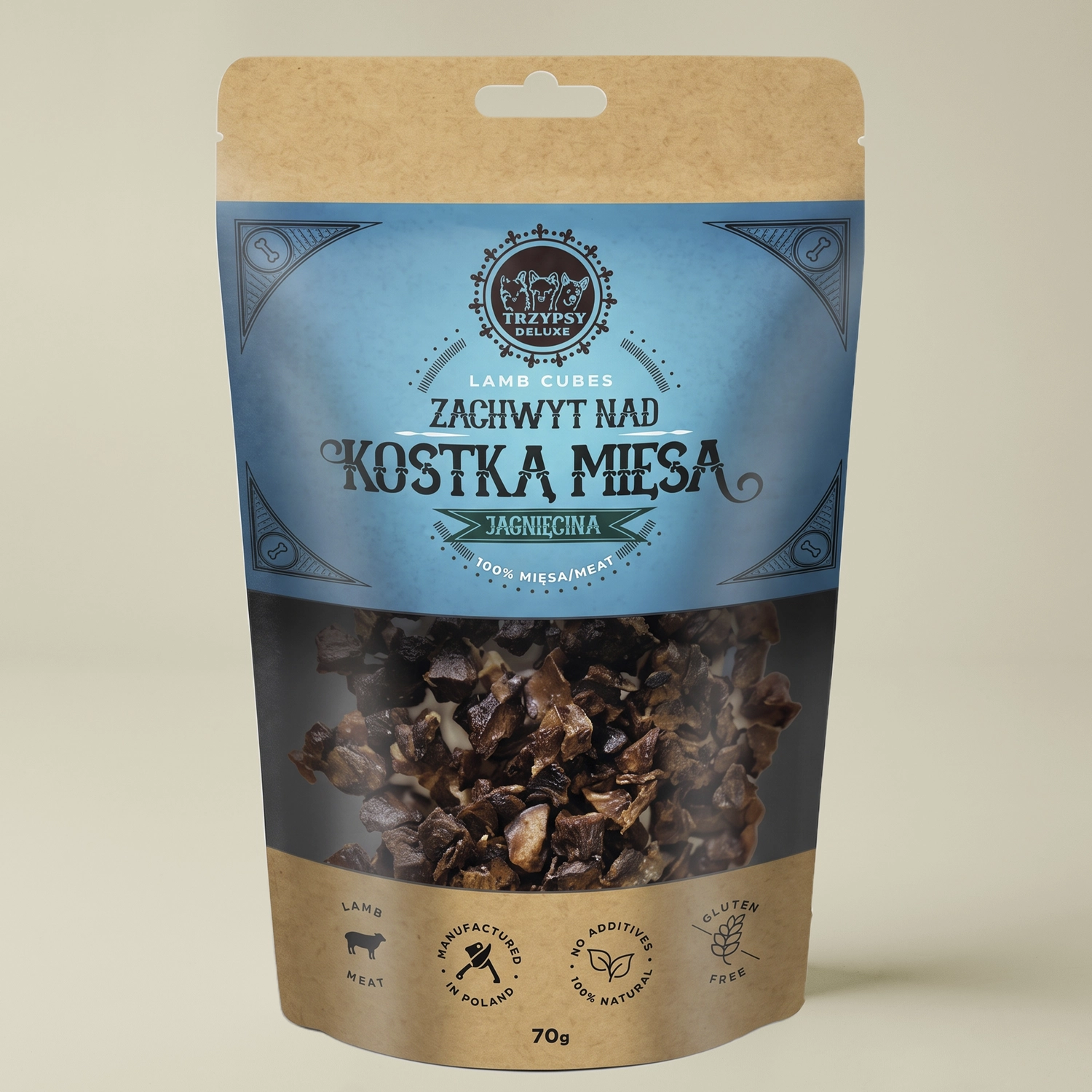 Trzypsy Deluxe Zachwyt nad Kostką Mięsa z Jagnięciny – Naturalne przysmaki dla psa 70g Trzypsy Deluxe zachwyt nad kostką mięsa z jagnięciny 100% mięsa naturalne przysmaki treningowe dla psa 70g