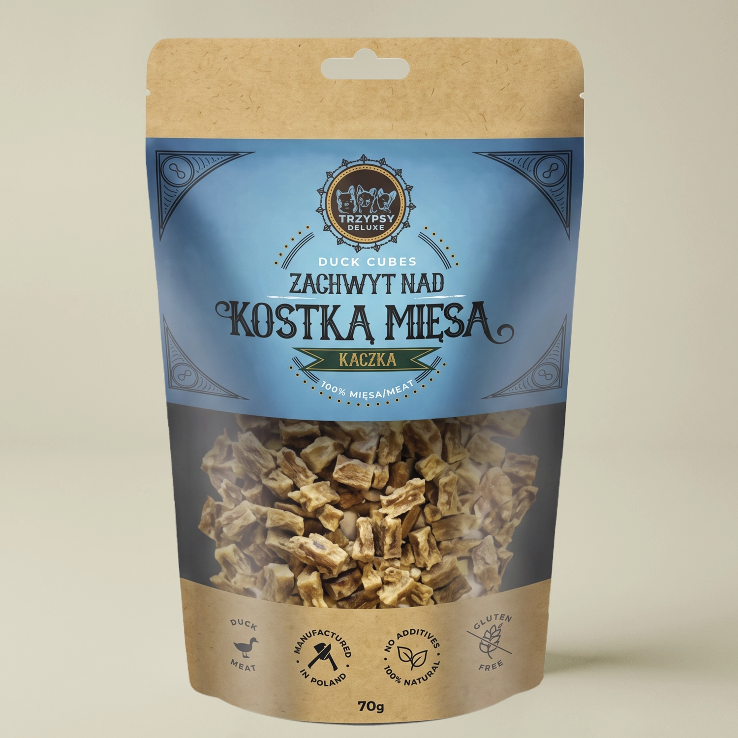 Trzypsy Deluxe zachwyt nad kostką mięsa z kaczki 100% mięsa naturalne przysmaki treningowe dla psa 70g