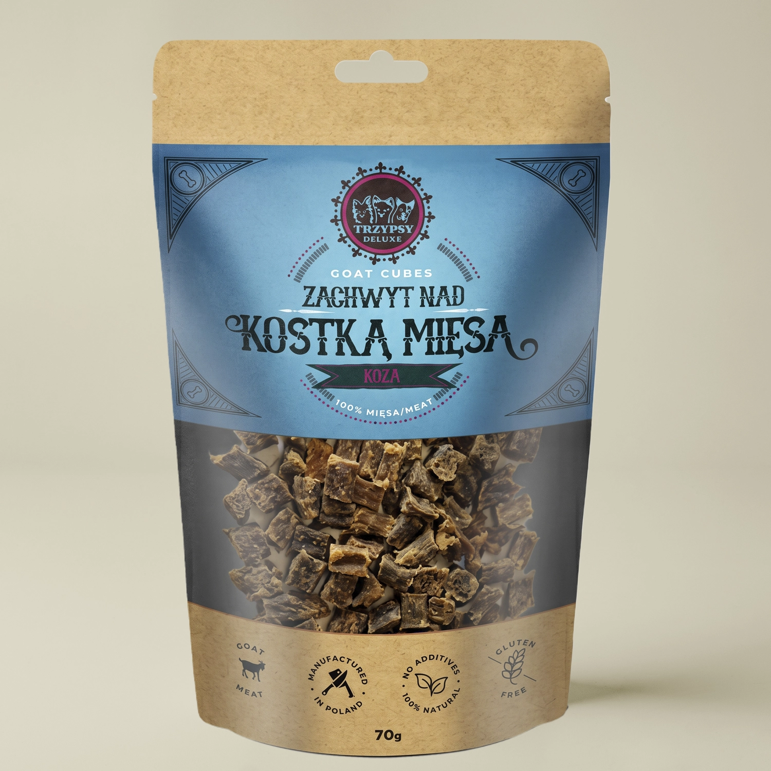 Trzypsy Deluxe zachwyt nad kostką mięsa z kozy 100% mięsa naturalne przysmaki treningowe dla psa 70g