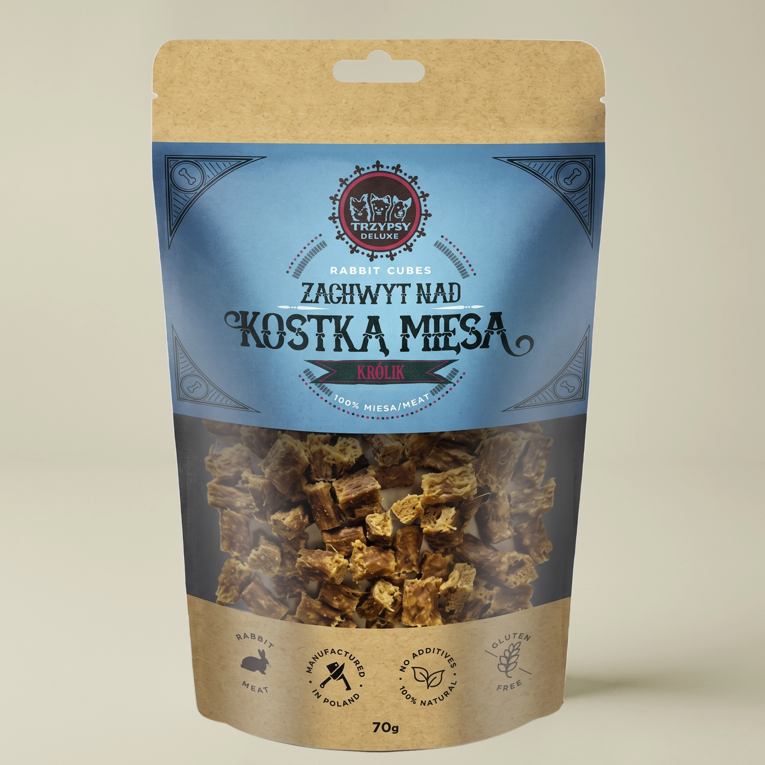 Trzypsy Deluxe zachwyt nad kostką mięsa z królika 100% mięsa naturalne przysmaki treningowe dla psa 70g