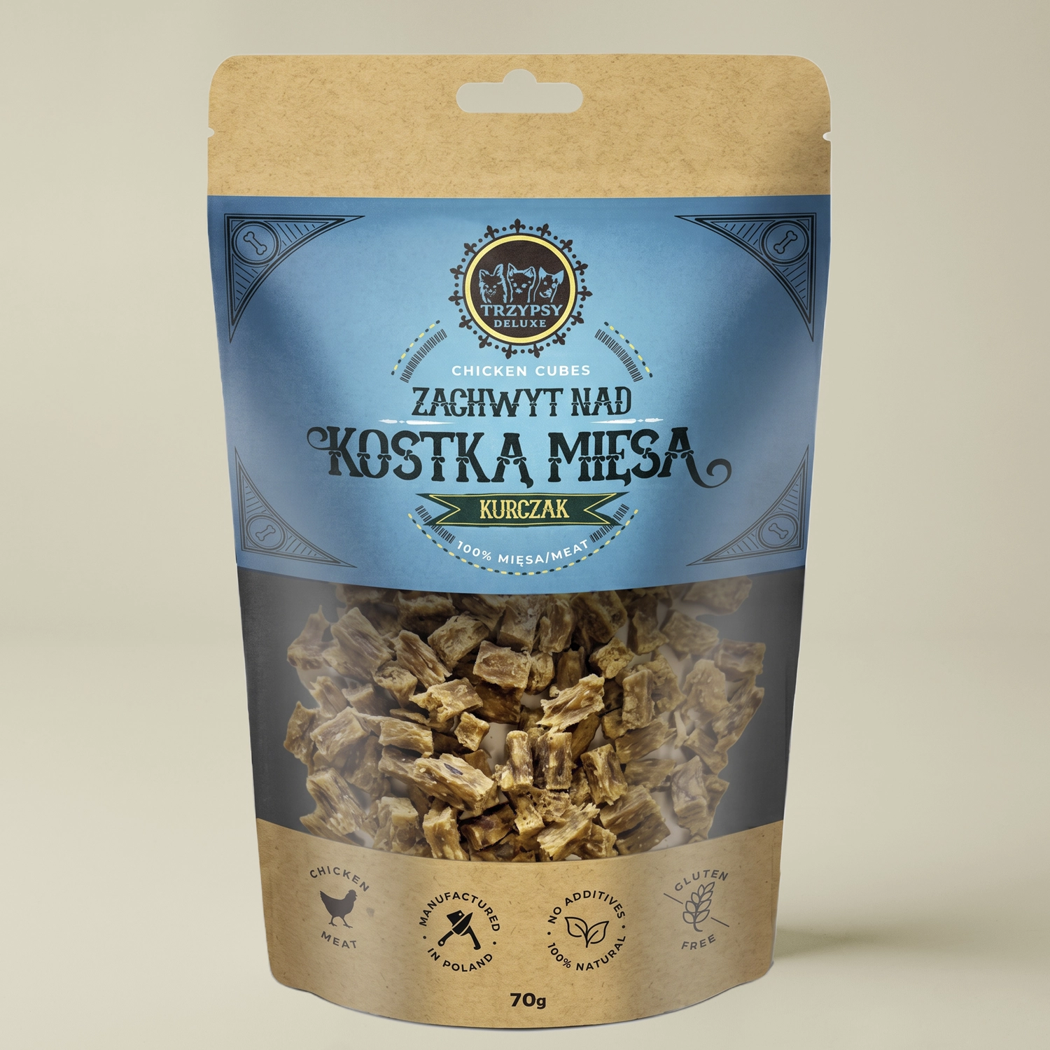 Trzypsy Deluxe zachwyt nad kostką mięsa z kurczaka 100% mięsa naturalne przysmaki treningowe dla psa 70g