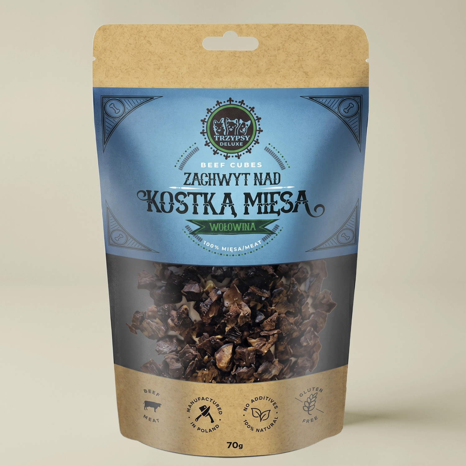 Trzypsy Deluxe zachwyt nad kostką mięsa z wołowiny 100% mięsa naturalne przysmaki treningowe dla psa 70g